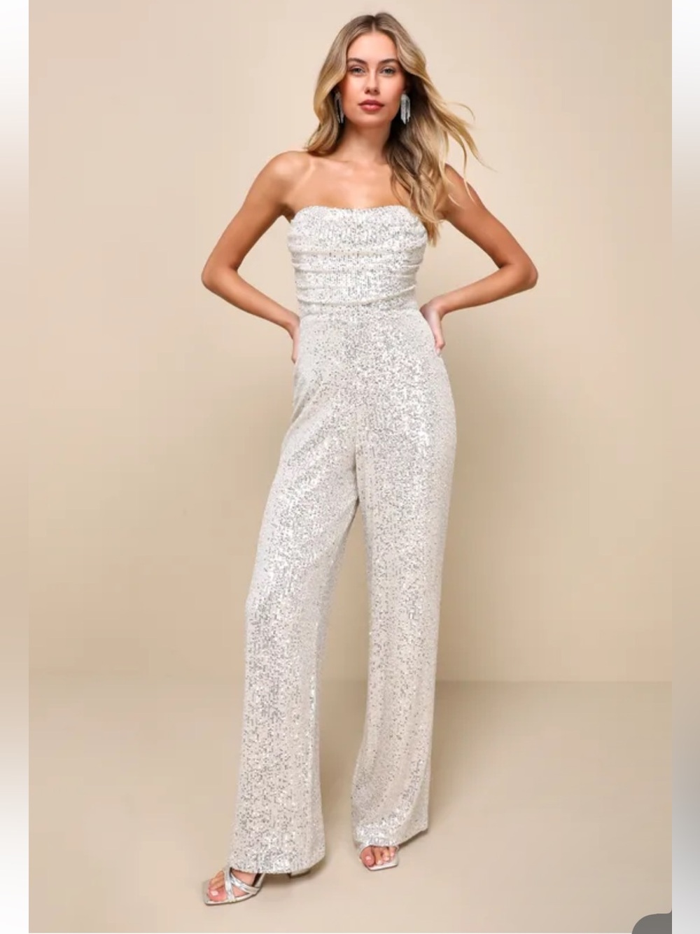NWT Lulus Glorious Vision Silver Sequin Strapless Wide-Leg Jumpsuit